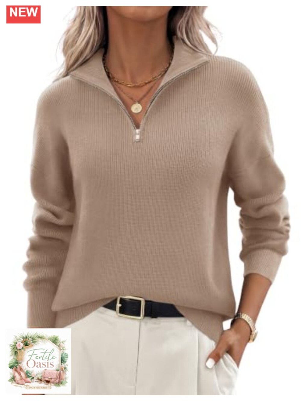 Women's Quarter Zip Knit Pullover Sweater, Long Sleeve Mock Turtleneck